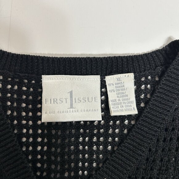 First Issue Liz Claiborne Crochet Open Knit Button Up Cardigan Sweater Black XL - Picture 4 of 5